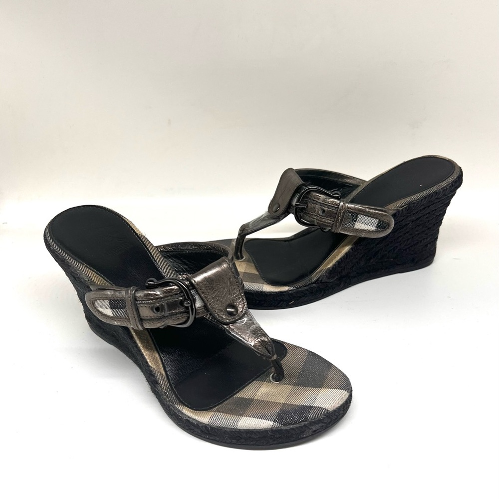 Burberry Black and Brown Wedge Shoes with T-Strap Design